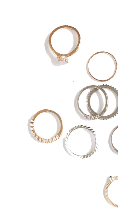 Or & Elle's gold is sourced from heirloom jewelry and melted down to its original form, enabling the creation of new jewelry and the circularity of our supply chain.  All our gold is 18K and recycled, bringing together our commitment to using materials of both the highest quality and cleanest origin. Pictured here are several gold rings.