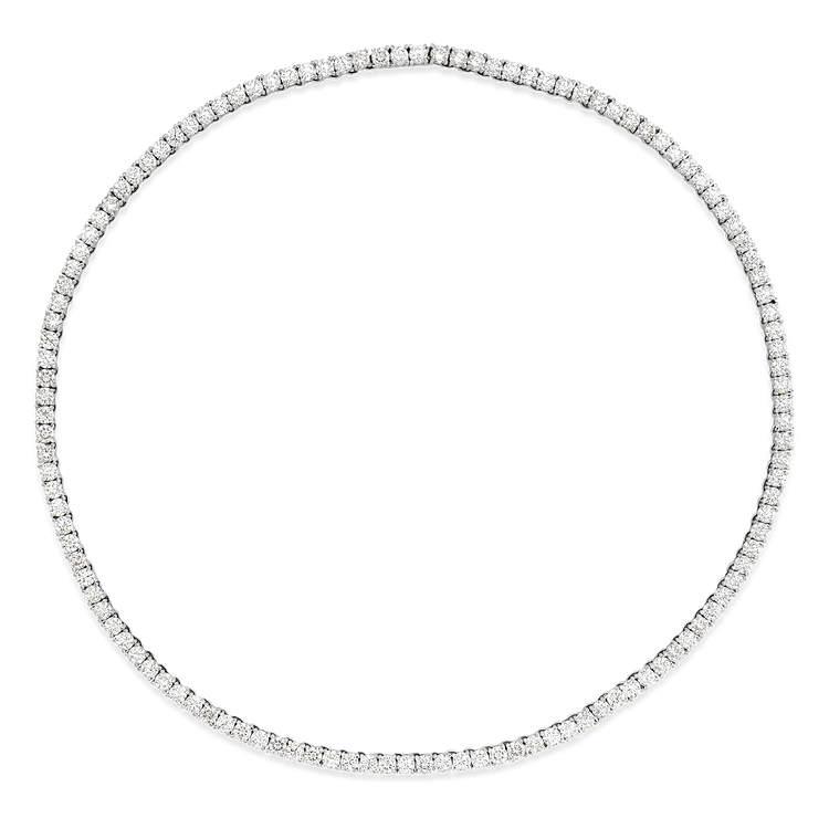 This diamond tennis necklace features round brilliants in a four prong solitaire setting. Diamonds wrap the entire length of this 16-inch (40cm) necklace in 18K White Gold. D Color, IF/VVS Clarity, Ideal Cut Diamonds.