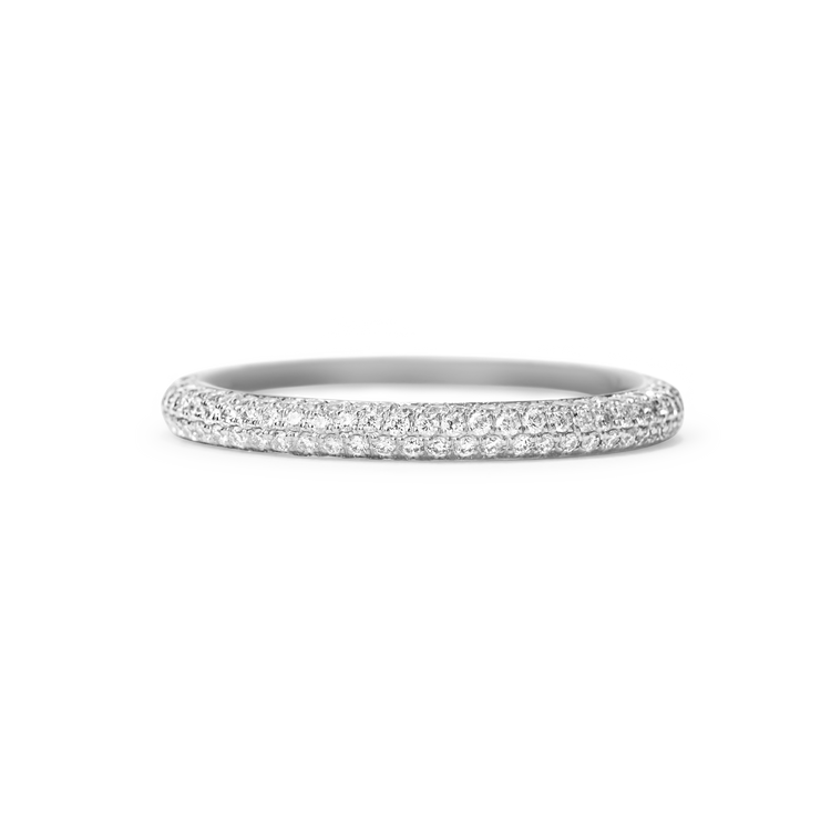 This three-row diamond pavé ring features D color, IF/VVS clarity round brilliants meticulously hand-placed in 4.5 grams of recycled 18k gold.