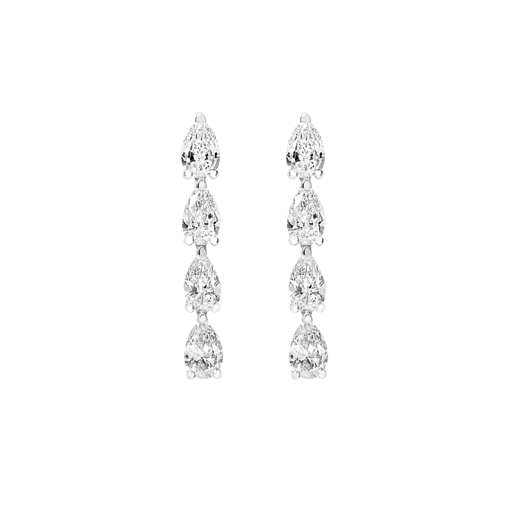 Hand-cast from 2.5 grams of recycled 18k gold, these pear diamond earrings feature four pristine tear drops floating in an architectural column. The pair of earrings is 1.4 total carat weight. The shape and size is fully customizable. Earrings sold as a pair.