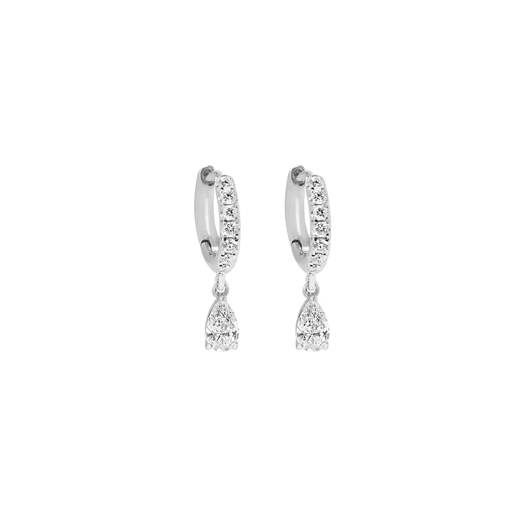 18K White Gold Pear Drop Diamond Huggies with Pavé diamonds on the hoops