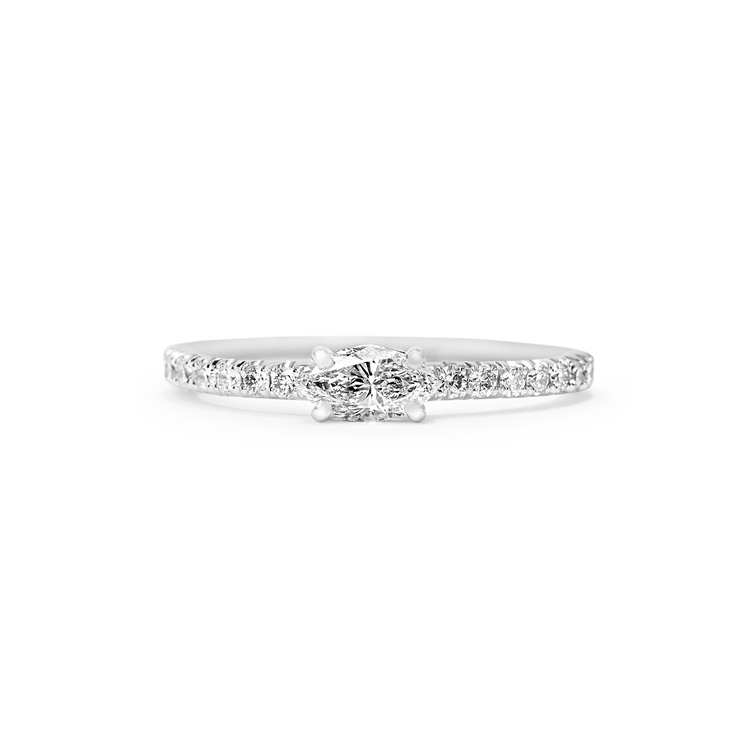 The Trois Pierres Marquise ring features recycled 18k gold and 1.3 carat Marquise of D color, IF/VVS clarity.