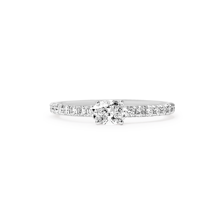 The Trois Pierres Oval ring features recycled 18k gold and 1.3 carat Oval of D color, IF/VVS clarity.