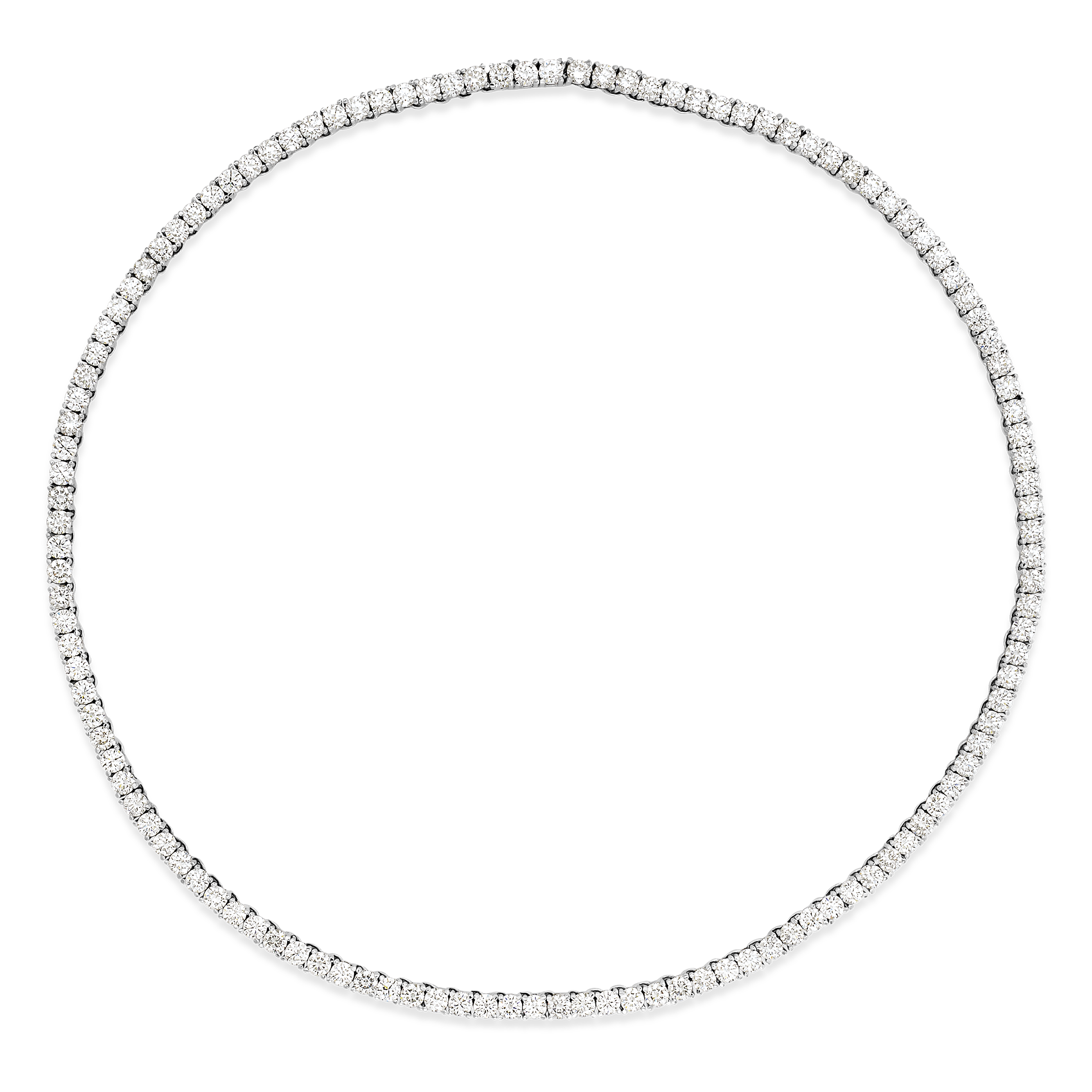 This diamond tennis necklace features round brilliants in a four prong solitaire setting. Diamonds wrap the entire length of this 16-inch (40cm) necklace in 18K White Gold. D Color, IF/VVS Clarity, Ideal Cut Diamonds.