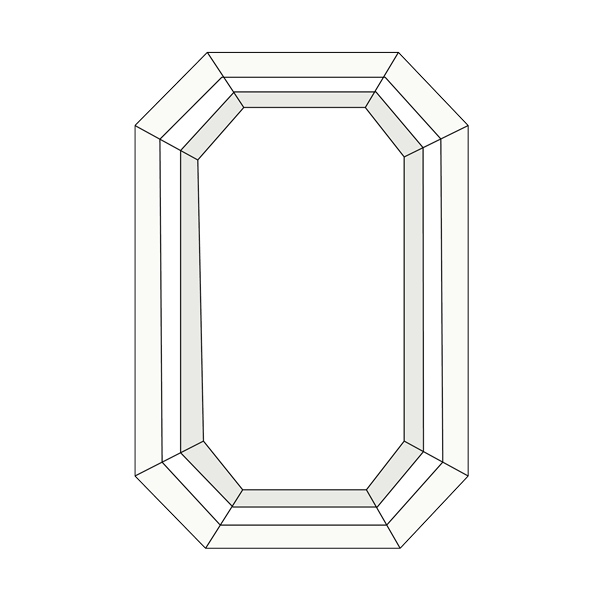 Emerald-shaped diamond icon. Emerald is a regal, step-cut diamond, that gives the appearance of a hall of mirrors. Clarity is paramount for this shape.
