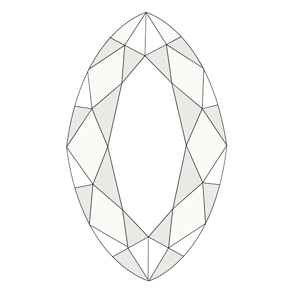 Marquise-shaped diamond icon. Marquise cuts are softly curved diamonds that point at both ends. They have the largest surface area per unit of carat weight.