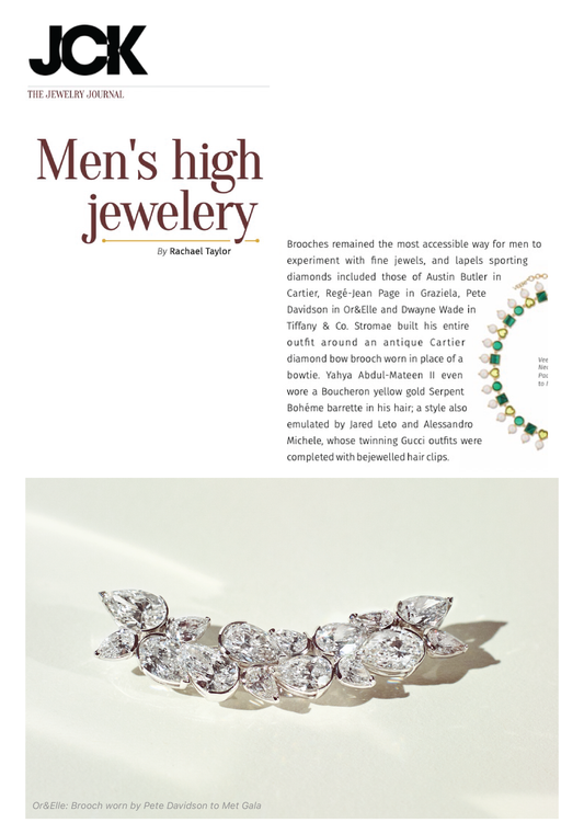 JCK: Men's High Jewelry Spotlight on Pete Davidson wearing Or & Elle's Branche d'Arbre Lapel Pin to the Met Gala "Tune into any Red Carpet event and you will see a wealth of examples of tuxes being accessorised with fine jewels. At the Met Gala this year, jewellery trends started to emerge among the male stars.