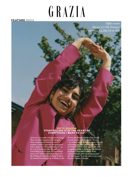 Grazia May Issue "Ones to Watch": British Actress Hiftu Quasem Shines in Or & Elle Earrings "A new wave of British talent has arrived. Meet the rising stars destined for global success.   As part of Grazia's "Ones to Watch", Hiftu Quasem, known for roles on Killing Eve and the upcoming project Ten Percent, talks about her acting journey: "storytelling is at the heart of everything I want to do."   Hiftu shines in the Dalliance Lucia Earrings in 18K Rose Gold - 62 diamonds form a striking twist.