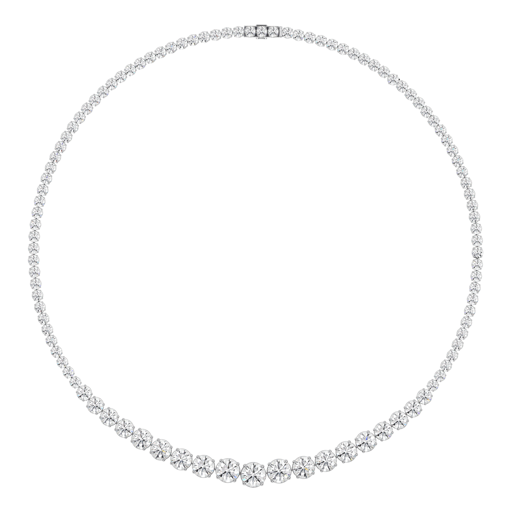 This 25ct graduated diamond tennis necklace features flawless round brilliants in a four prong solitaire setting. Paired here with the Collier de Diamants - our uniform tennis necklace, for the ultimate stack. D-color, IF/VVS diamonds crescendo toward a center diamond of 1ct. The length of this striking piece is 16 inches (40cm).