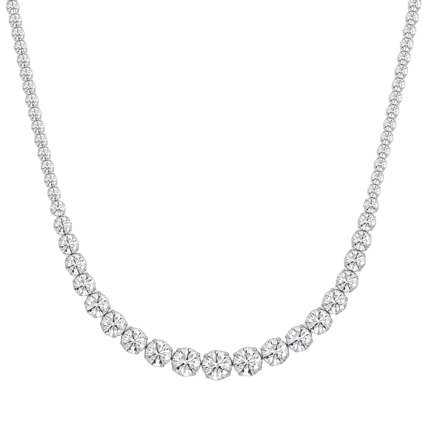 This 25ct graduated diamond tennis necklace features flawless round brilliants in a four prong solitaire setting. Paired here with the Collier de Diamants - our uniform tennis necklace, for the ultimate stack. D-color, IF/VVS diamonds crescendo toward a center diamond of 1ct. The length of this striking piece is 16 inches (40cm).