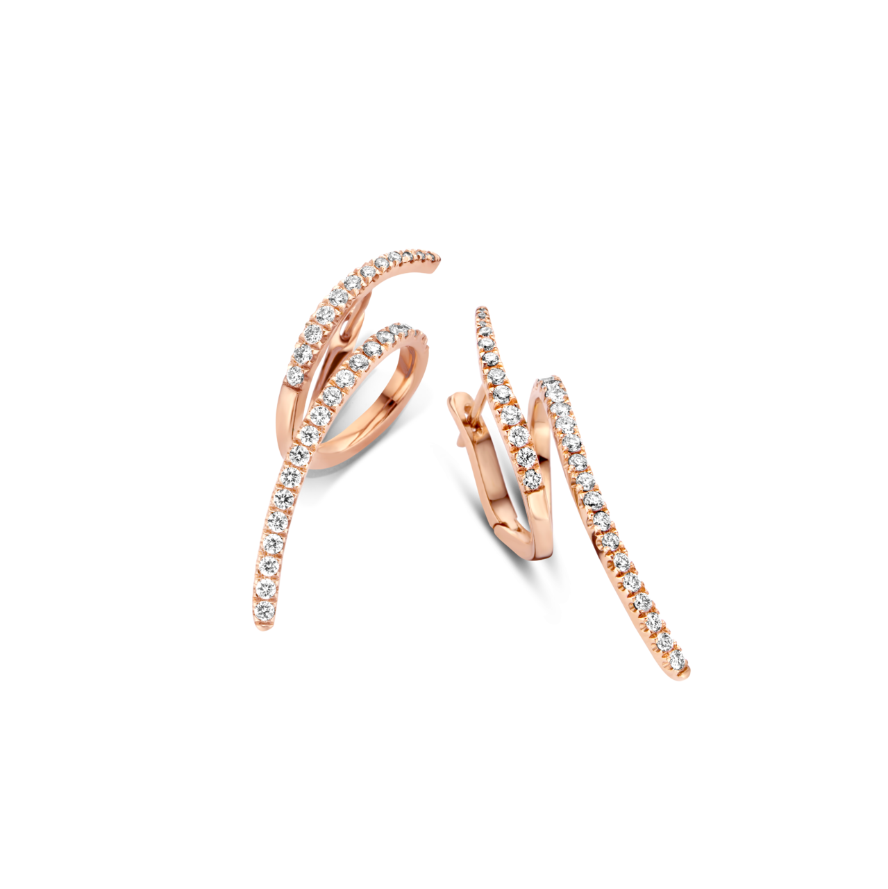 The Dalliance Lucia Earrings - a unique piece featuring 62 diamonds in a twist design with 6.25 grams of 18k recycled gold. Sold as a pair. Shown here in 18K Rose Gold.