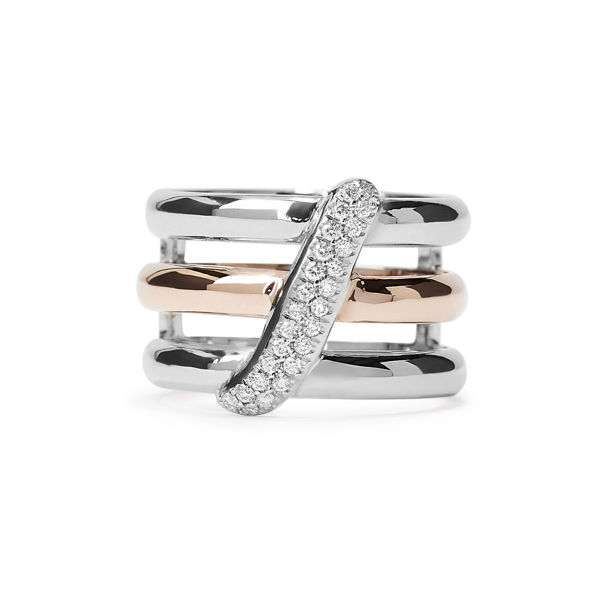 This ring features 11 grams of illustrious 18k gold that elevates a sash of 26 D color, IF/VVS clarity round brilliants. This statement ring features an 18k rose gold center band with two surrounding bands in 18k white gold.
