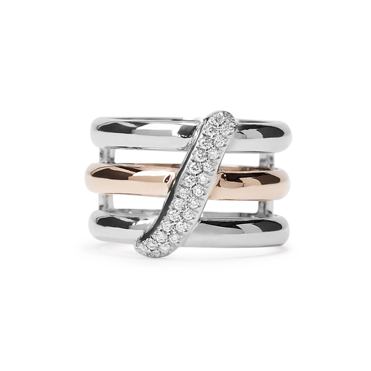 This ring features 11 grams of illustrious 18k gold that elevates a sash of 26 D color, IF/VVS clarity round brilliants. This statement ring features an 18k rose gold center band with two surrounding bands in 18k white gold.