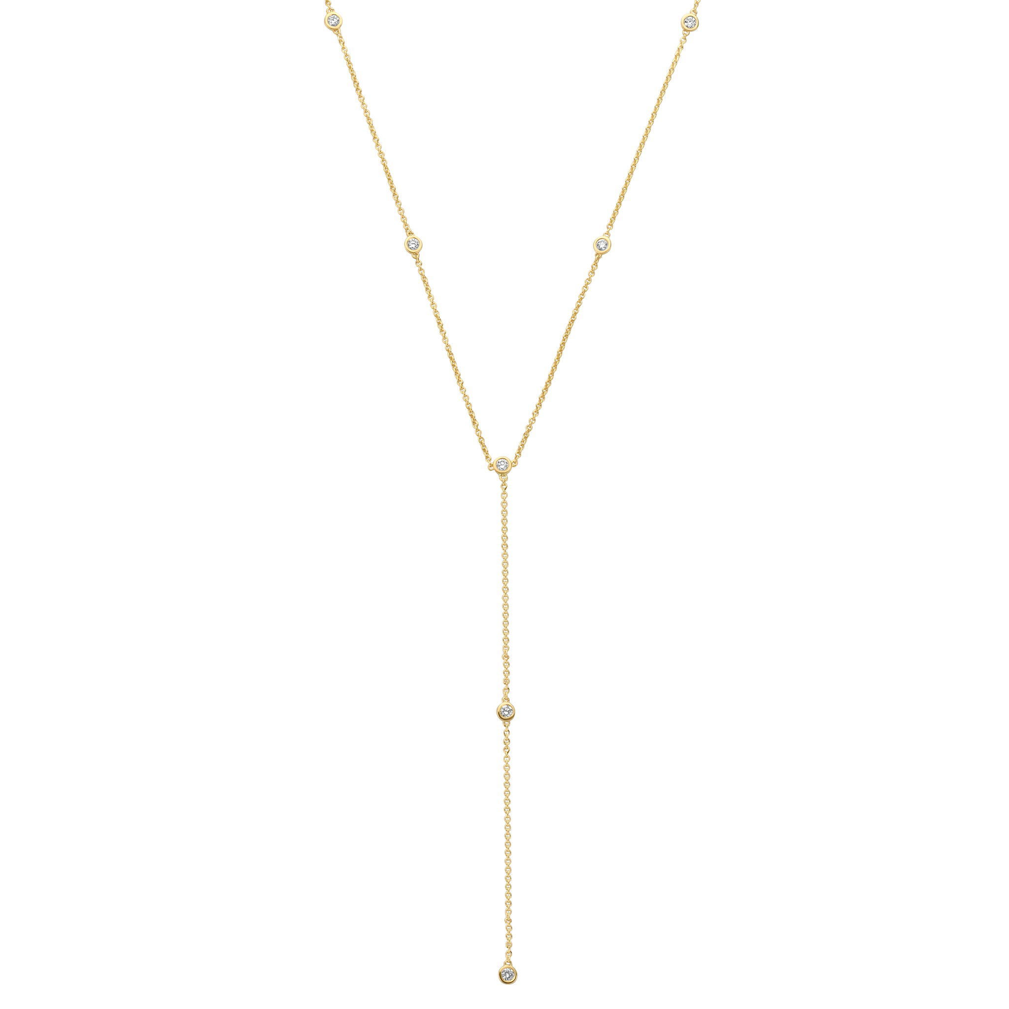 9 bezel-set round brilliants wrap around a drop chain lariat of recycled 18K gold. The collar of the necklace measures 16 inches (40cm); the length of the drop is 4 inches (10cm). To customize, please write to our Atelier.