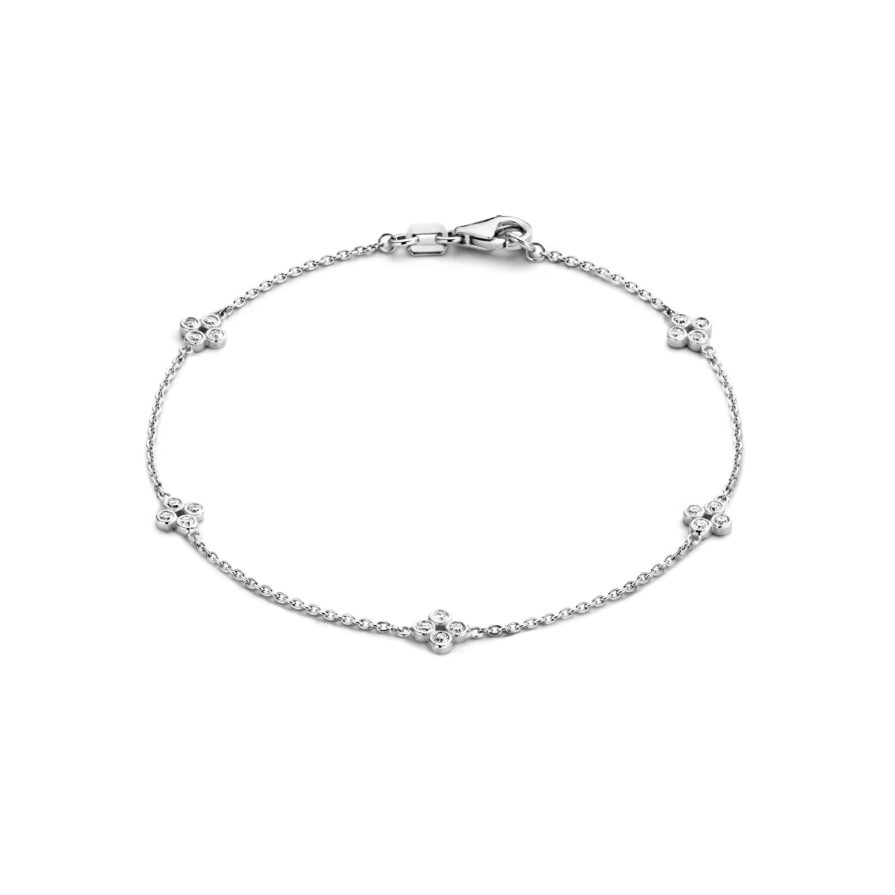 This delicate bracelet has 20 D color, IF/VVS clarity round brilliant diamonds that form sweet floral motifs around the wrist in 18k recycled gold. This bracelet can be adjusted to two different lengths, 6.3" (16 cm) and 6.7" (17 cm). Shown here in White Gold.