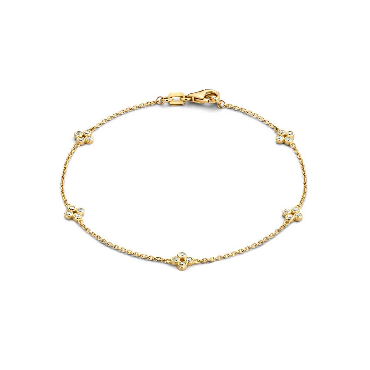 This delicate bracelet has 20 D color, IF/VVS clarity round brilliant diamonds that form sweet floral motifs around the wrist in 18k recycled gold. This bracelet can be adjusted to two different lengths, 6.3" (16 cm) and 6.7" (17 cm). Shown here in 18K Yellow Gold.
