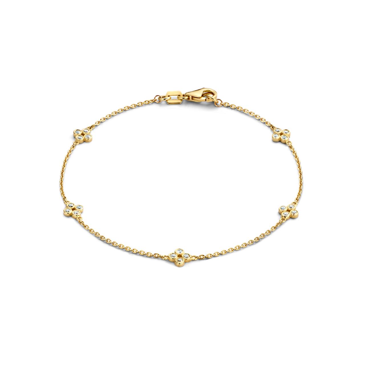 This delicate bracelet has 20 D color, IF/VVS clarity round brilliant diamonds that form sweet floral motifs around the wrist in 18k recycled gold. This bracelet can be adjusted to two different lengths, 6.3" (16 cm) and 6.7" (17 cm). Shown here in 18K Yellow Gold.