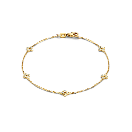 This delicate bracelet has 20 D color, IF/VVS clarity round brilliant diamonds that form sweet floral motifs around the wrist in 18k recycled gold. This bracelet can be adjusted to two different lengths, 6.3" (16 cm) and 6.7" (17 cm). Shown here in 18K Yellow Gold.