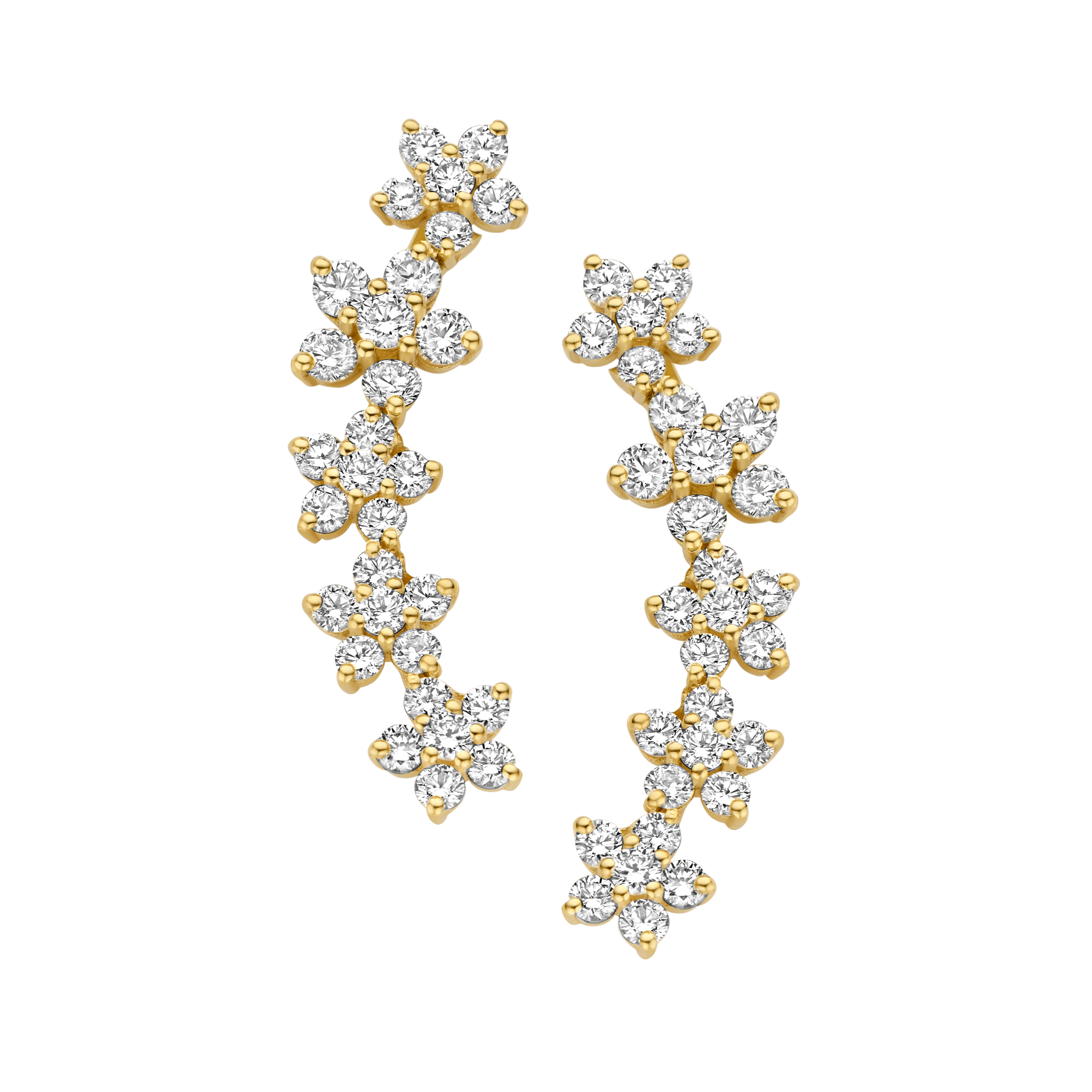 These Fleurs Sur L’oreille earrings feature 6.4 grams of illustrious 18k gold - Yellow Gold shown here. The earrings construct a floral garland of 2.2 total carat weight of diamonds. Sold as a pair.