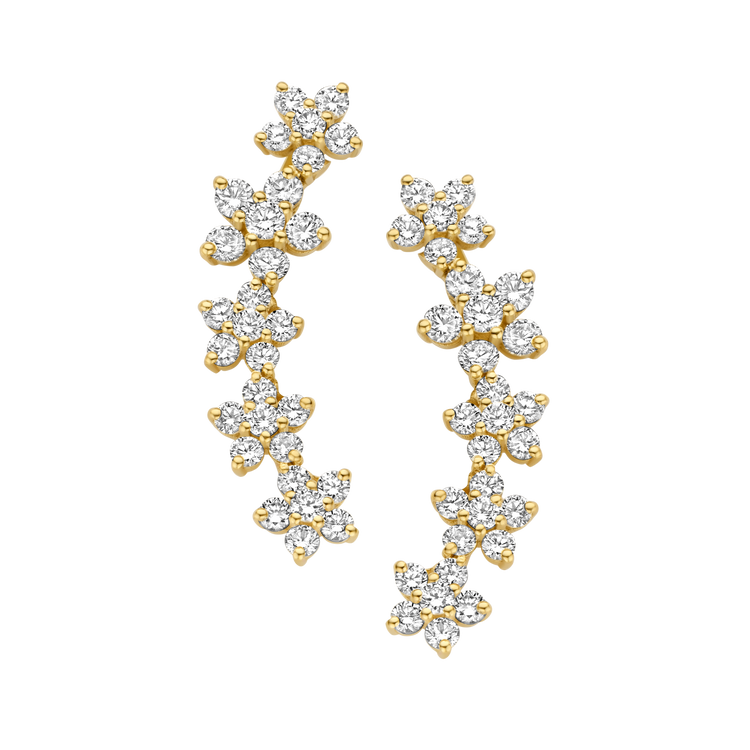 These Fleurs Sur L’oreille earrings feature 6.4 grams of illustrious 18k gold - Yellow Gold shown here. The earrings construct a floral garland of 2.2 total carat weight of diamonds. Sold as a pair.
