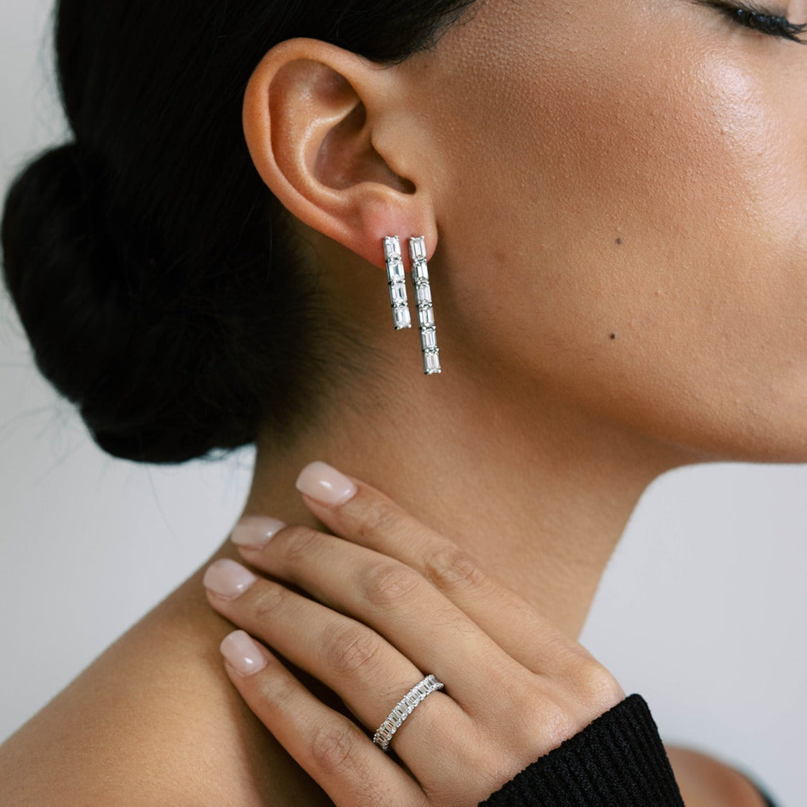 Column Petite Earrings with Emerald diamonds. D color, IF/VVS clarity.