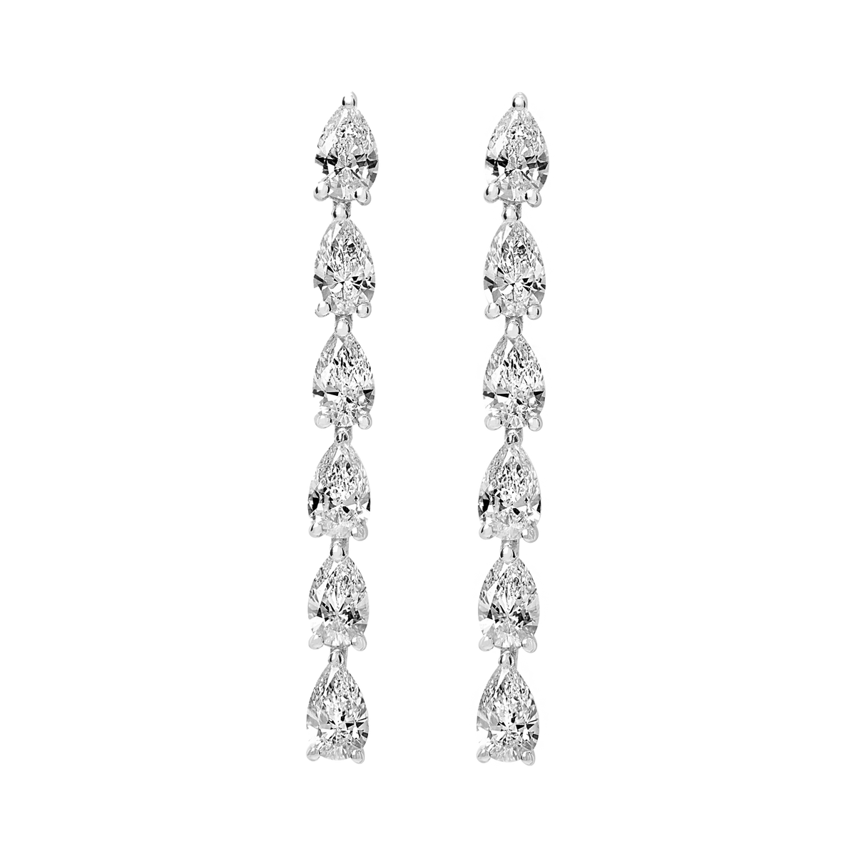 Hand-cast from 3.6 grams of recycled 18k gold, these pear diamond earrings feature six pristine tear drops floating in an architectural column. The pair of earrings is 2 total carat weight. The shape and size is fully customizable. Earrings sold as a pair.