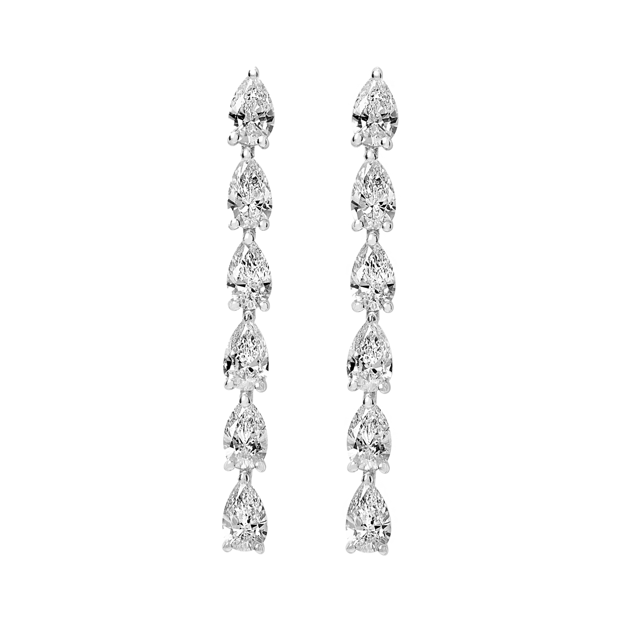 Hand-cast from 3.6 grams of recycled 18k gold, these pear diamond earrings feature six pristine tear drops floating in an architectural column. The pair of earrings is 2 total carat weight. The shape and size is fully customizable. Earrings sold as a pair.