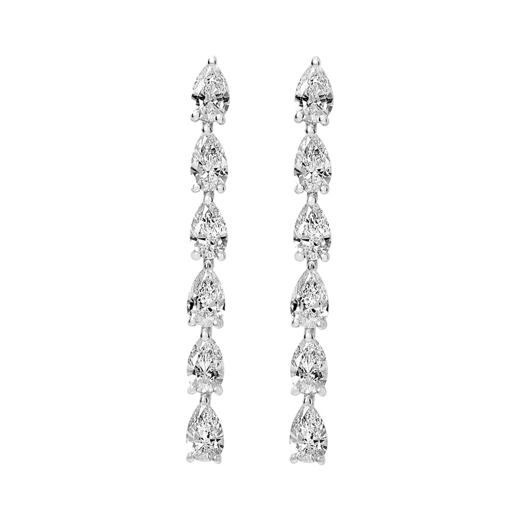 Hand-cast from 3.6 grams of recycled 18k gold, these pear diamond earrings feature six pristine tear drops floating in an architectural column. The pair of earrings is 2 total carat weight. The shape and size is fully customizable. Earrings sold as a pair.