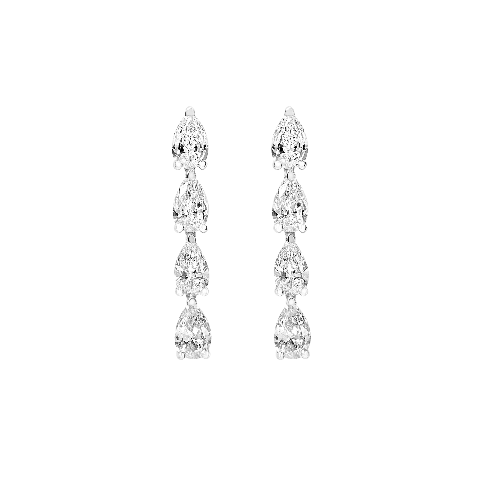 Hand-cast from 2.5 grams of recycled 18k gold, these pear diamond earrings feature four pristine tear drops floating in an architectural column. The pair of earrings is 1.4 total carat weight. The shape and size is fully customizable. Earrings sold as a pair.
