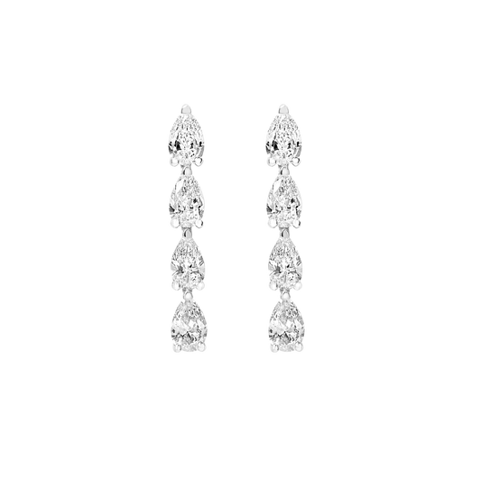 Hand-cast from 2.5 grams of recycled 18k gold, these pear diamond earrings feature four pristine tear drops floating in an architectural column. The pair of earrings is 1.4 total carat weight. The shape and size is fully customizable. Earrings sold as a pair.