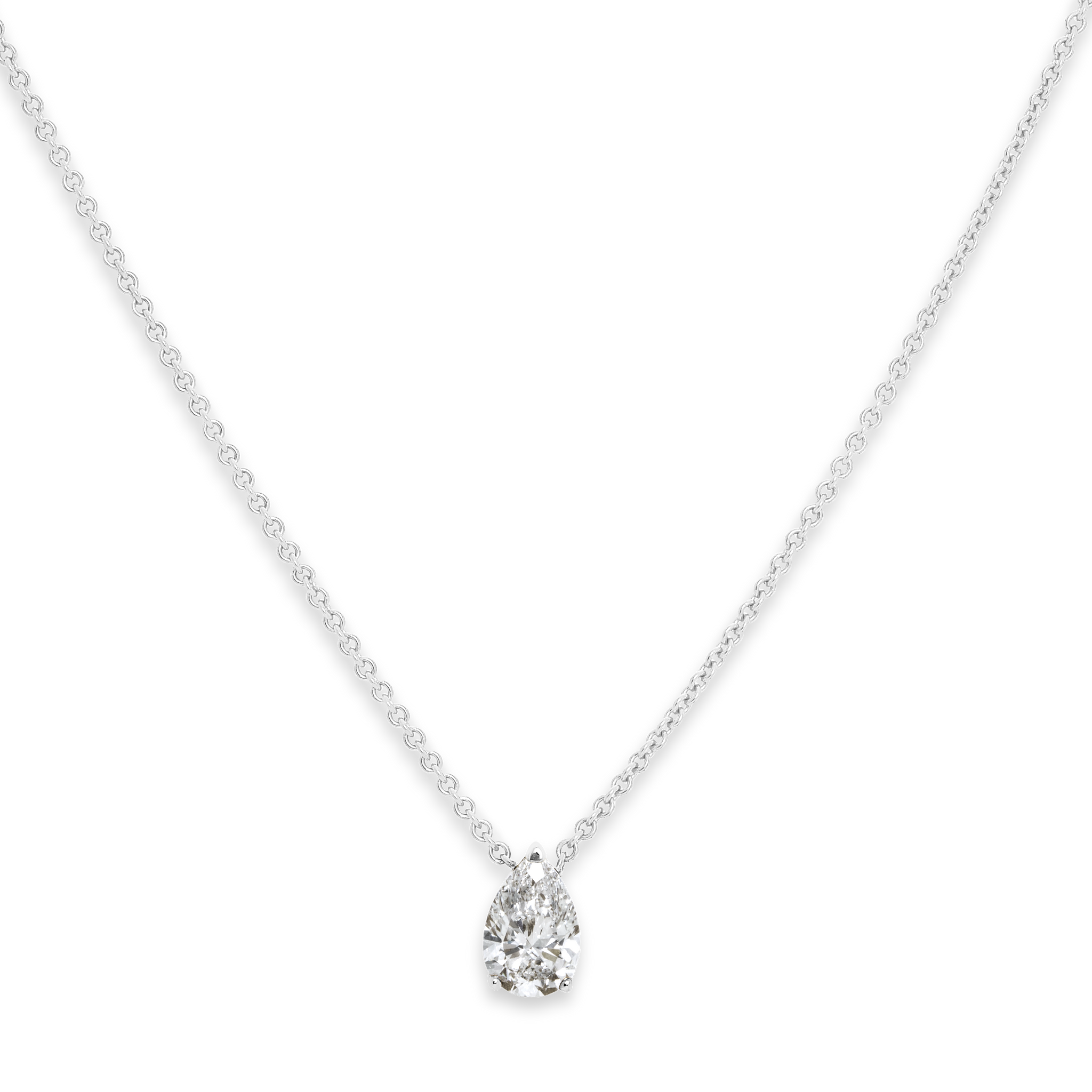 The ultimate timeless necklace. A solitaire pear is centered between the collarbone on an 18k gold chain. The length of this necklace is 16" (40cm). Please get in touch if you would like a different chain length. Shape, color, and size of this pear diamond necklace are fully customizable as well.