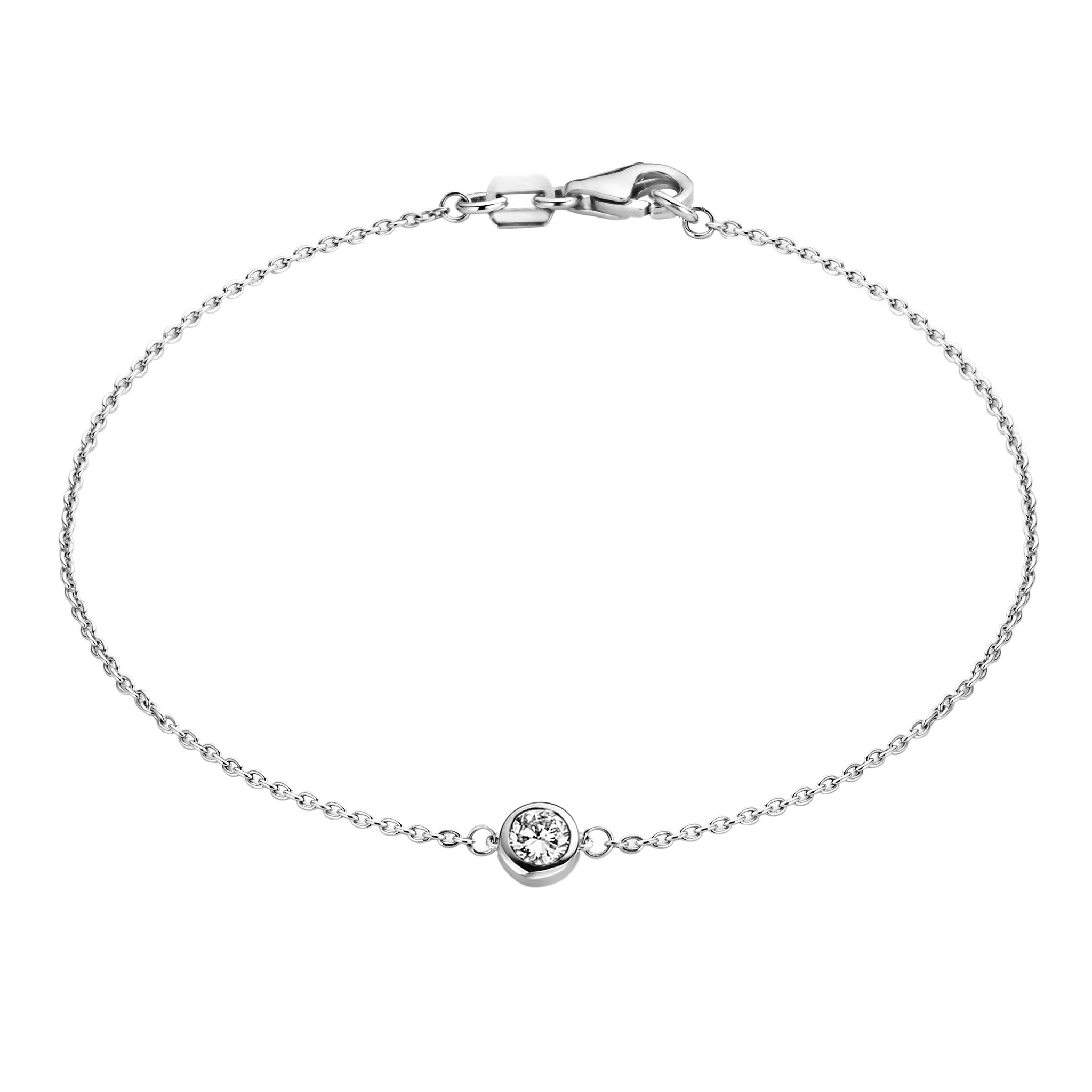 A solitaire 0.1 carat round brilliant is bezel set in 18k recycled gold. This bracelet can be adjusted to two different lengths, 6.3" (16 cm) and 6.7" (17 cm). Reach out to our team for further customization options. Shown here in White Gold.