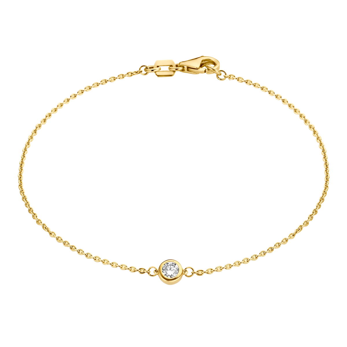 A solitaire 0.1 carat round brilliant is bezel set in 18k recycled gold. This bracelet can be adjusted to two different lengths, 6.3" (16 cm) and 6.7" (17 cm). Reach out to our team for further customization options. 