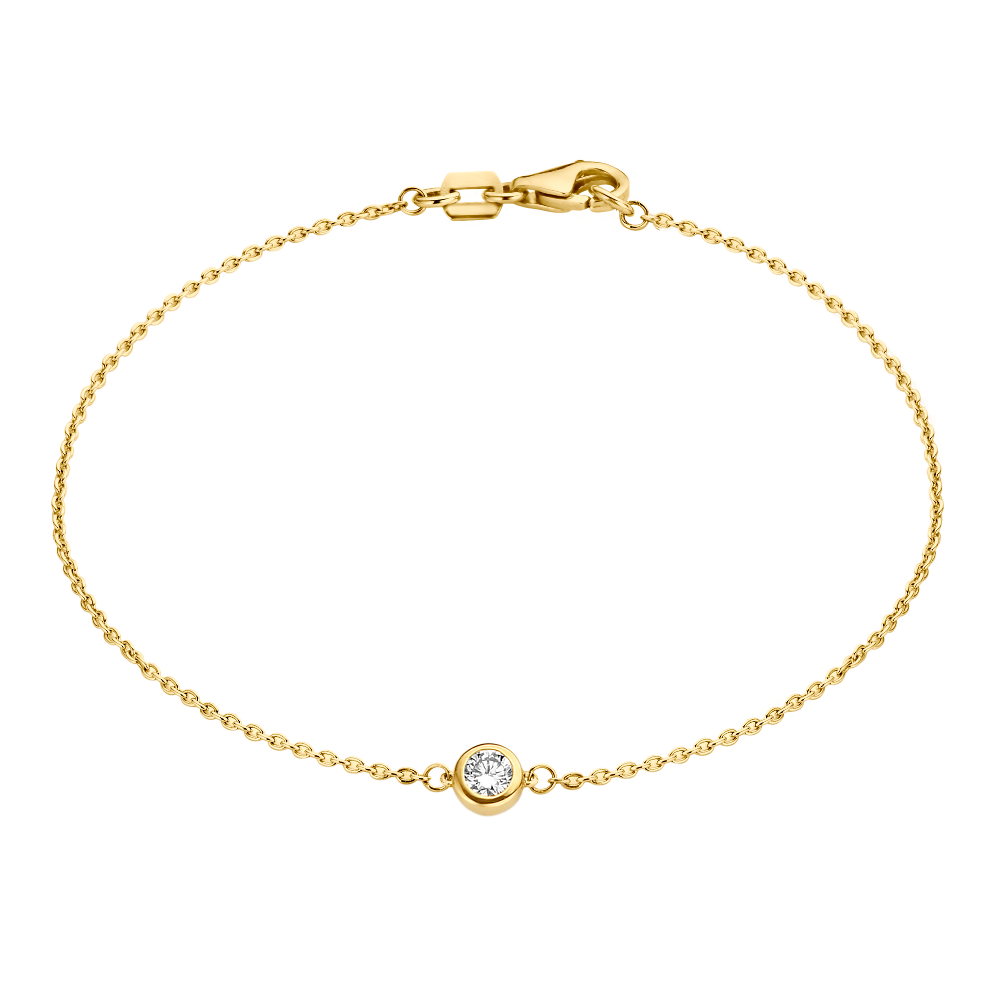 A solitaire 0.1 carat round brilliant is bezel set in 18k recycled gold. This bracelet can be adjusted to two different lengths, 6.3" (16 cm) and 6.7" (17 cm). Reach out to our team for further customization options. 