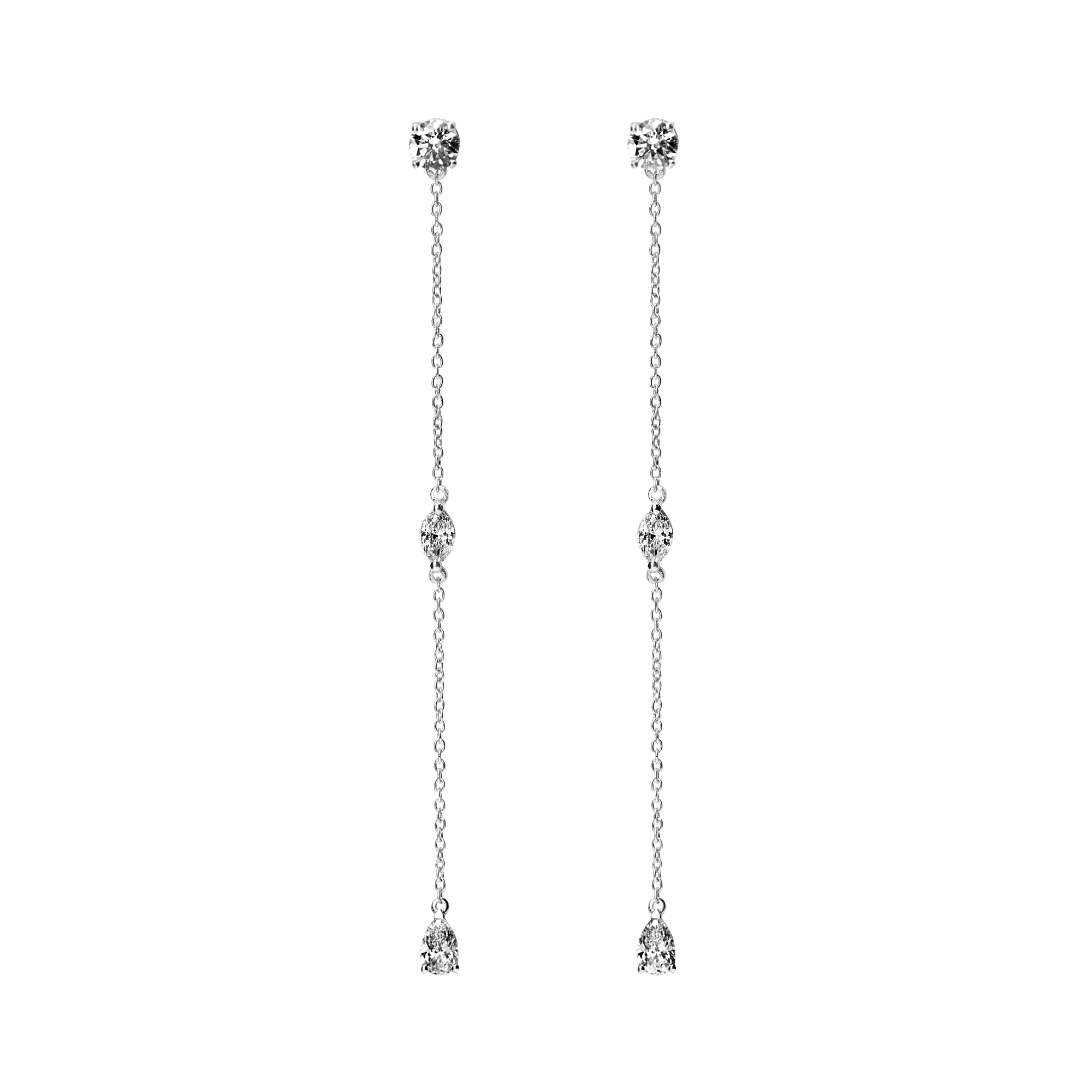 Full of movement, these hanging diamond Lariat earrings are strung with 6 brilliant diamonds totaling 1.2 carat, each of which is separated by 1 inch of recycled 18k gold. Pair with other pieces in the Lariat collection: Lariat Deux, and the Lariat necklace. Sold as a pair.
