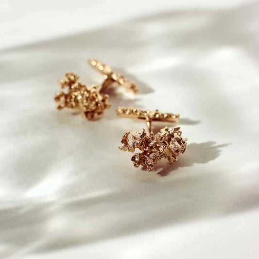 Or & Elle High Jewelry. These Boutons de Manchette, or Cufflinks, feature 23 grams of solid 18K Yellow Gold, hand-cast to emulate the birch trees of Belgium. 