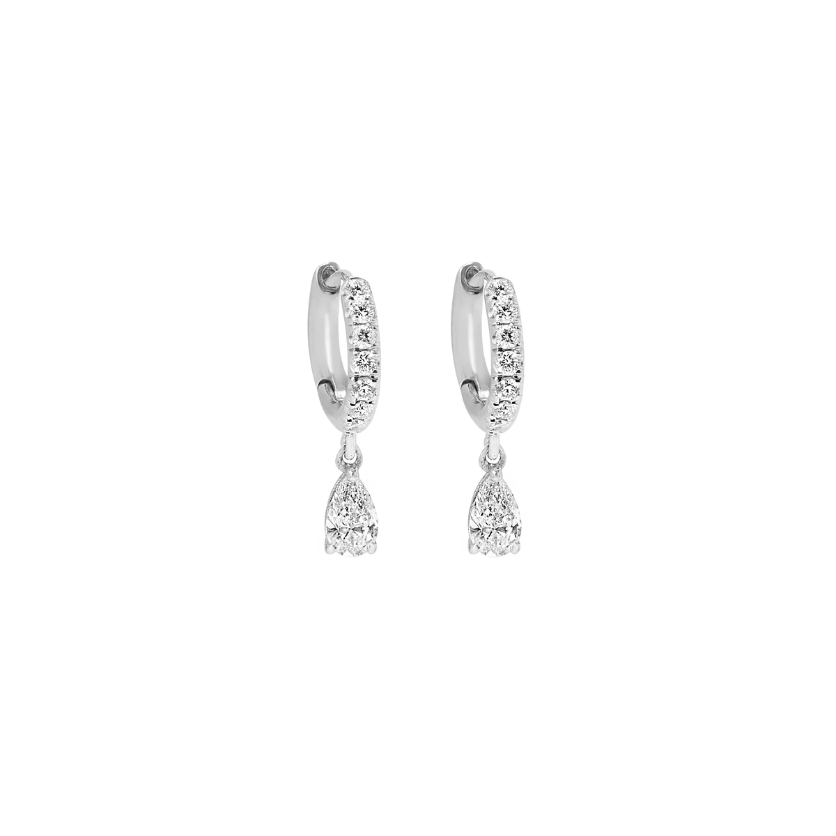 18K White Gold Pear Drop Diamond Huggies with Pavé diamonds on the hoops