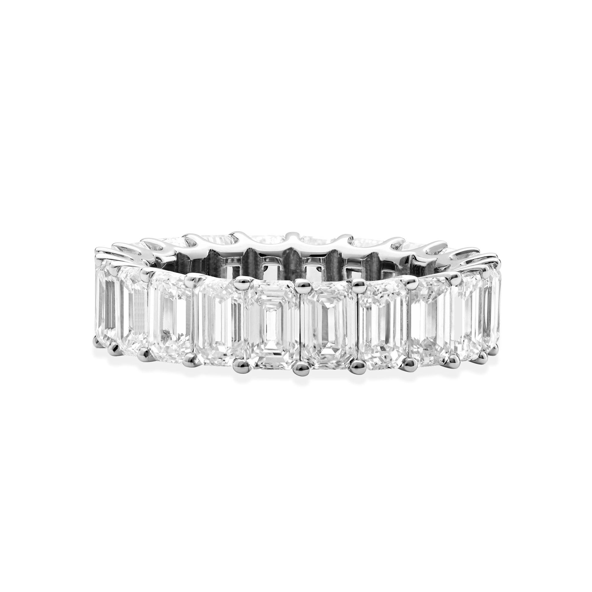 In this emerald diamond eternity band, D color Emerald diamonds are set precisely to radiate light from their infinite hall of mirrors. Size and color are fully customizable. 7 total carat weight shown here in 18K White Gold and Palladium.